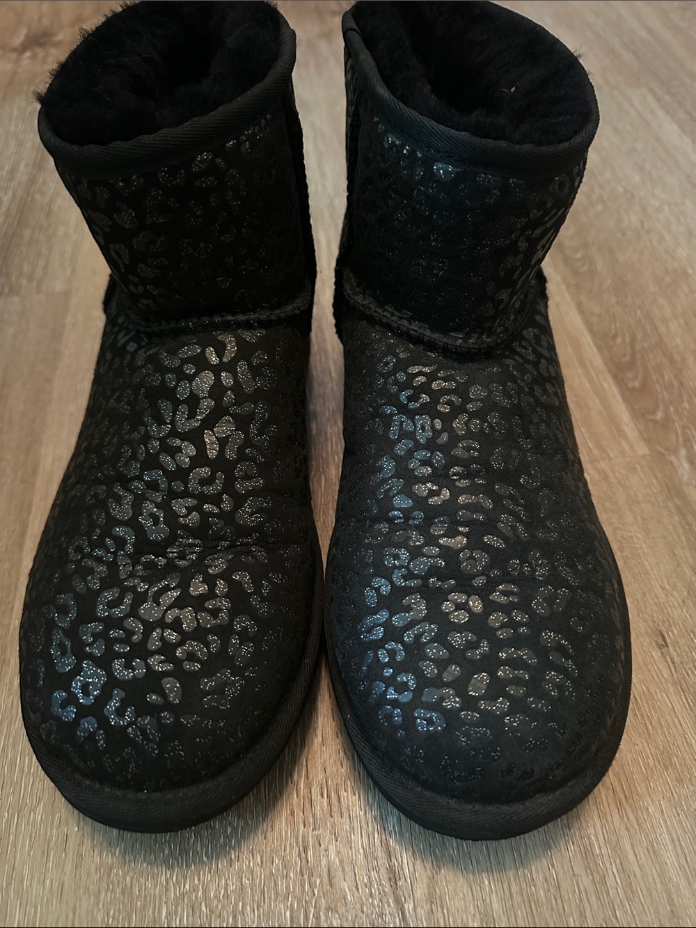 UGG Black Shearling-Style Short Boots with Subtle Leopard Metallic Print